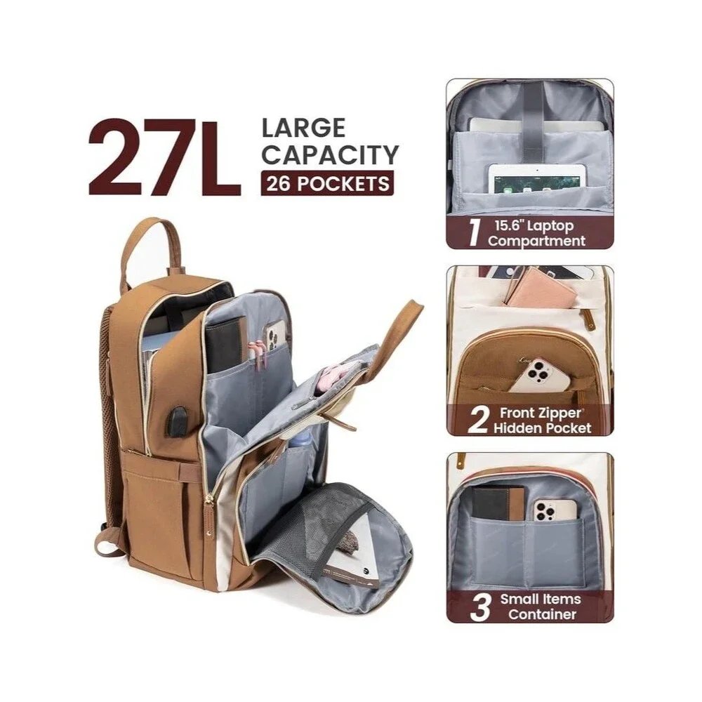 New LOVEVOOK Laptop Backpack for Women, 15.6 Inch Work 17.3 INCH, Beige-brown